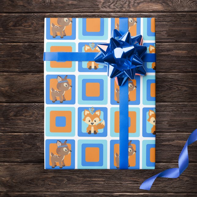 Regalo Papel de envolvimiento de bosques de un bosque sal (Adorable Woodland Animal Wrapping Paper in of Blue, Orange and Brown. Features a Fox and Deer)