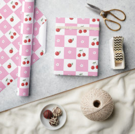 Regalo Papel de envolvimiento de cerezas rosa y blanca