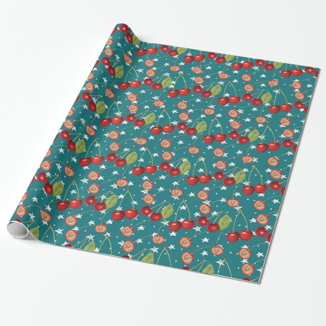 Regalo Papel de envolvimiento de cerezos con fondo azul t (Desenrollado)