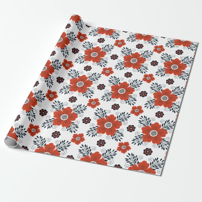 Regalo Papel de envolvimiento de cumpleaños rojo floral (Desenrollado)