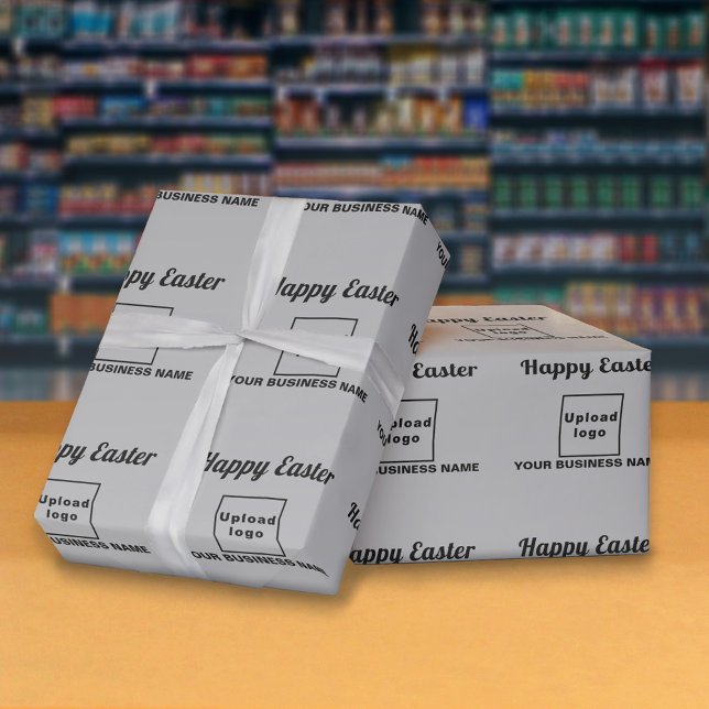 Regalo Papel de envolvimiento de empresas de pascua gris (Gray wrapping paper with seamless pattern of Easter greeting, your business name and logo)