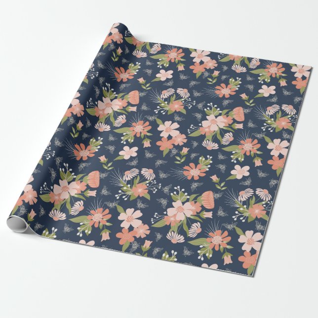 Regalo Papel de envolvimiento de flores y abejas azul mar (Desenrollado)
