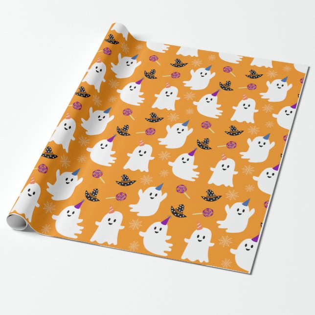 Regalo Papel de envolvimiento de Halloween Naranja Kawaii (Desenrollado)