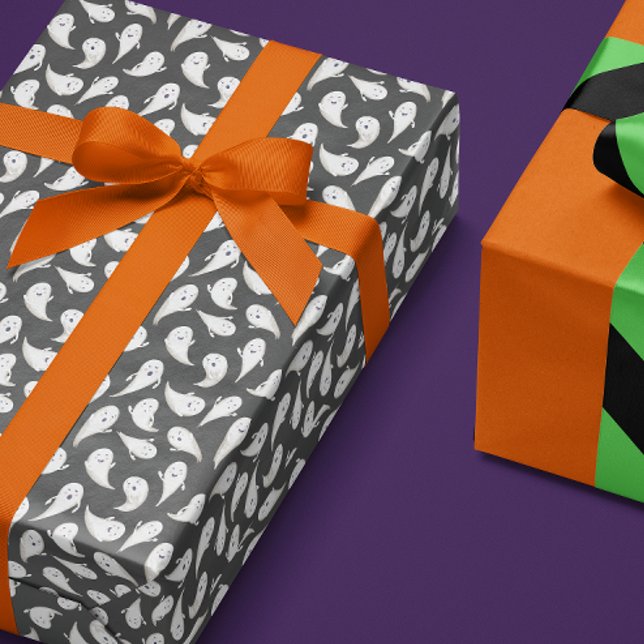 Regalo Papel de envolvimiento de Halloween negro (cute friendly ghosts patterned charcoal gray black gift wrapping paper for Halloween)