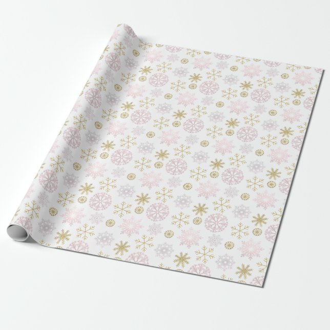 Regalo Papel de envolvimiento de invierno rosado de copo  (Desenrollado)