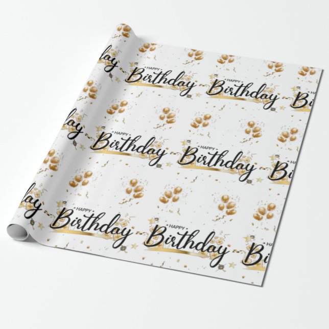 Regalo Papel de envolvimiento de oro feliz cumpleaños (Desenrollado)