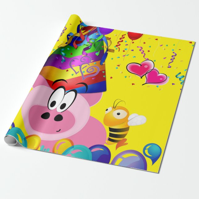 Regalo Papel de envolvimiento feliz de cumpleaños cerdo B (Desenrollado)
