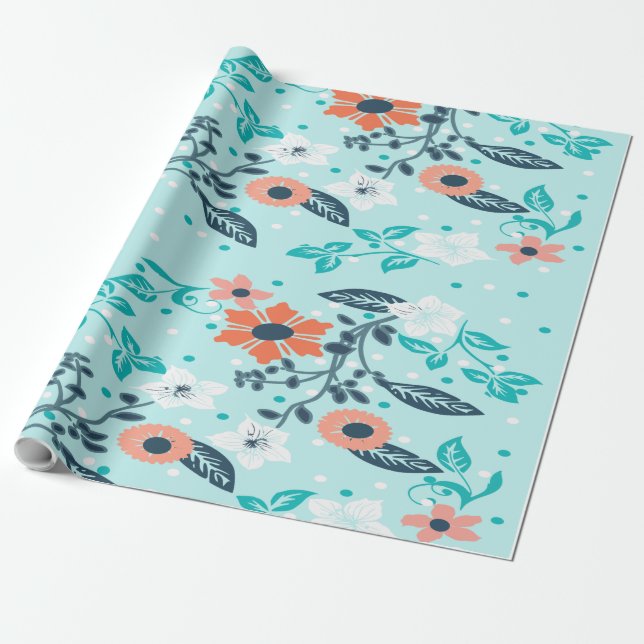 Regalo Papel de envolvimiento floral azul naranja (Desenrollado)