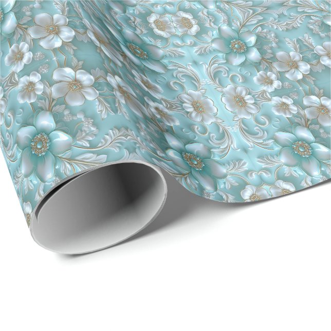 Regalo Papel de envolvimiento floral blanco verde azulado (Esquina del rollo)
