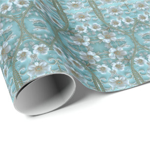 Regalo Papel de envolvimiento floral blanco verde azulado