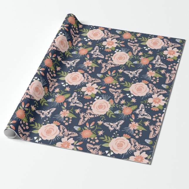 Regalo Papel de envolvimiento floral botánico Navy Blue & (Desenrollado)