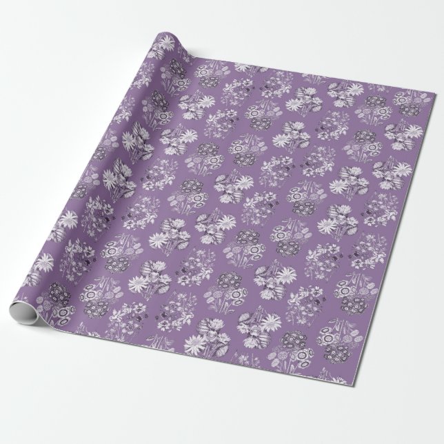 Regalo Papel de envolvimiento floral monocromo de lavanda (Desenrollado)