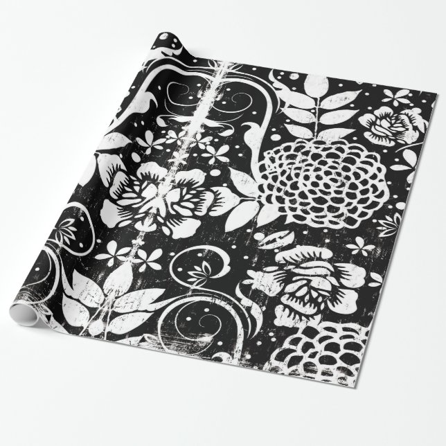 Regalo Papel de envolvimiento floral negro y blanco (Desenrollado)