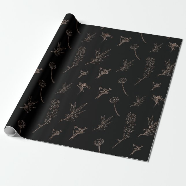 Regalo Papel de envolvimiento floral negro y dorado (Desenrollado)