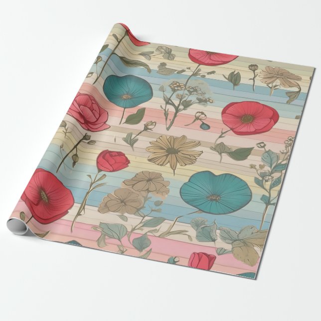 Regalo Papel de envolvimiento floral rosa y azul para el  (Desenrollado)