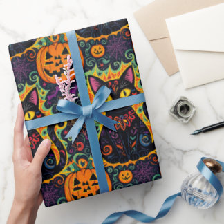 Regalo Papel de envolvimiento para gato negro y calabaza 