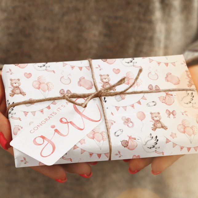 Regalo Papel de envolvimiento para la ducha de la niña (Celebrate a new baby girl with this adorable watercolor bear and stork wrapping paper! )