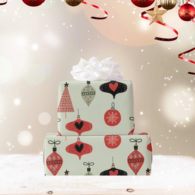 Regalo Papel de envolvimiento verde de vacaciones de los  (Retro Ornaments Holiday Green Wrapping Paper)