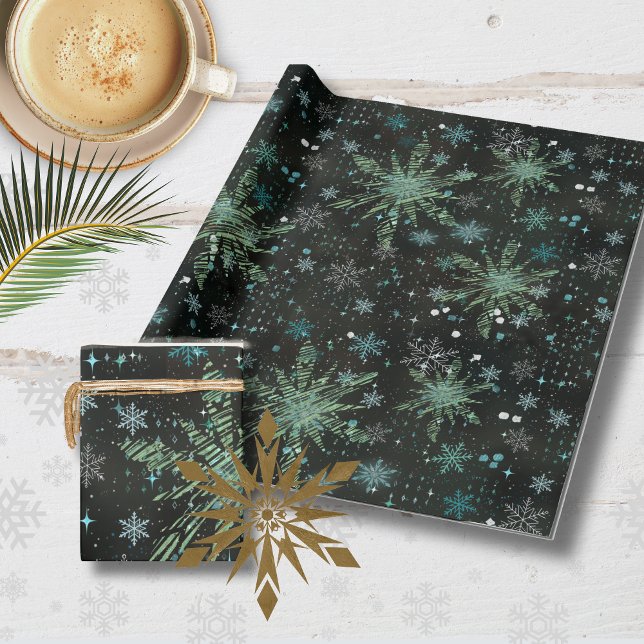 Regalo Papel de envuelto negro con copos de nieve azul Ve (White Teal Blue Snowflakes Black Wrapping paper )