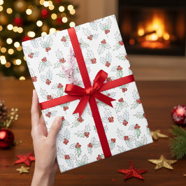 Regalo Papel de Navidad con hojas de acebo y bayas rojas 