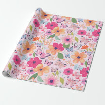 Papel de regalo, flores rosadas y mariposas