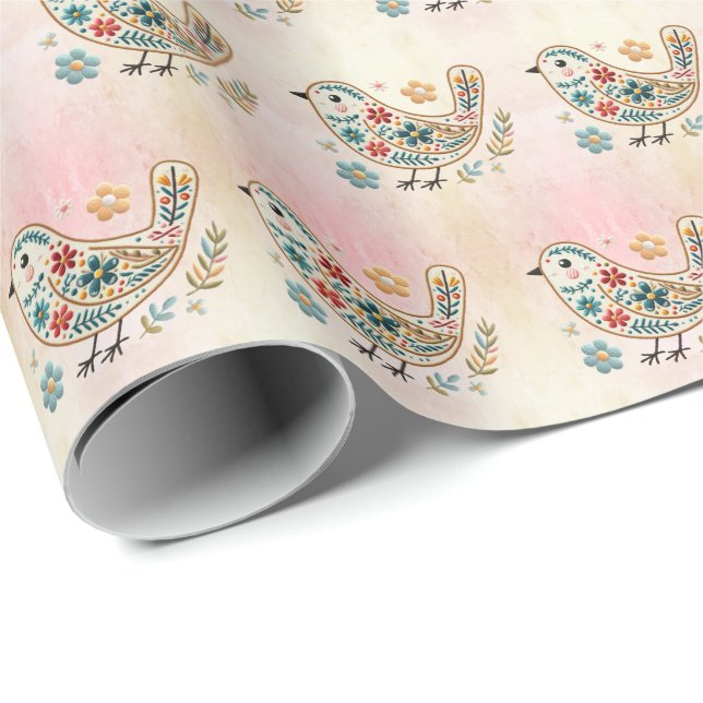 Regalo Papel de relleno rosa floral de pájaro pequeño (Esquina del rollo)