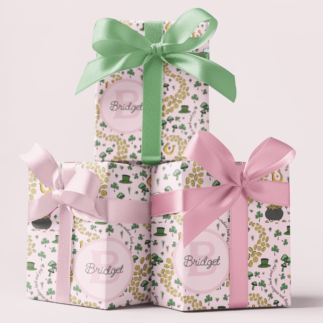 Regalo Papel de té rosado, curvo y curvado en San Patrici (whimsical pattern of gold shamrock coins , pots of gold under rainbows, horseshoes, green clovers...)