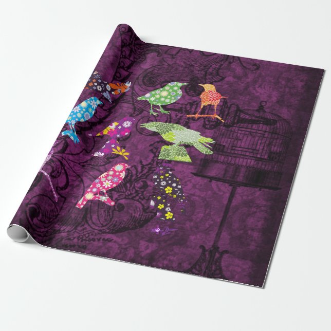 Regalo Papel envuelto de aves y pájaros coloridos (Desenrollado)