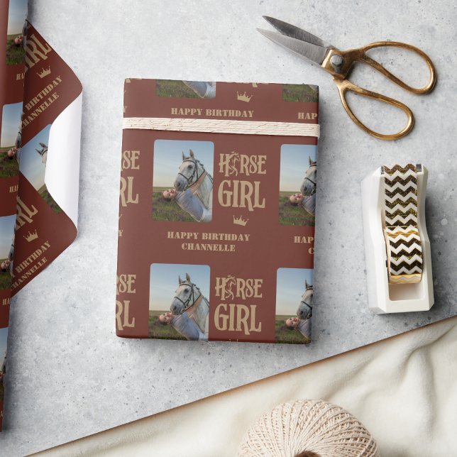 Regalo Papel envuelto de Chica de caballos de personaliza (Custom Photo and Name Horse Girl Wrapping Paper)