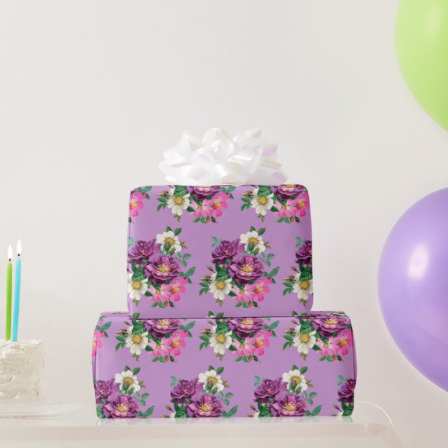 Regalo Papel envuelto de flores moradas y rosas (Regalos de fiesta)