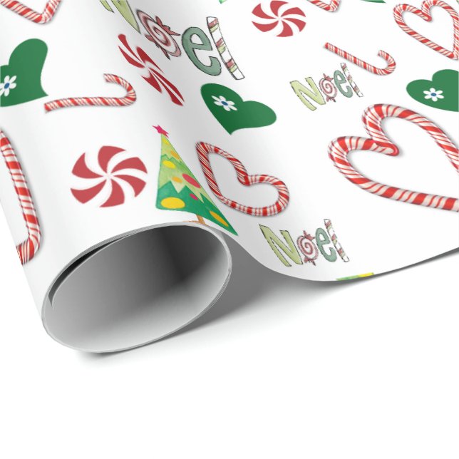 Regalo Papel envuelto de latas de caña de Noel Blanco nav (Esquina del rollo)