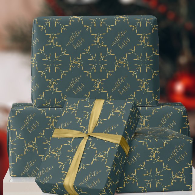 Regalo Papel envuelto de Navidades Mistletoe verdes y dor (Mistletoe kisses wrapping paper in festive green)