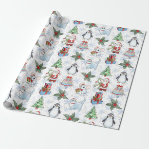Regalo Papel envuelto de pingüino de gato de Santa Snowma