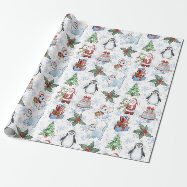 Regalo Papel envuelto de pingüino de gato de Santa Snowma (Desenrollado)
