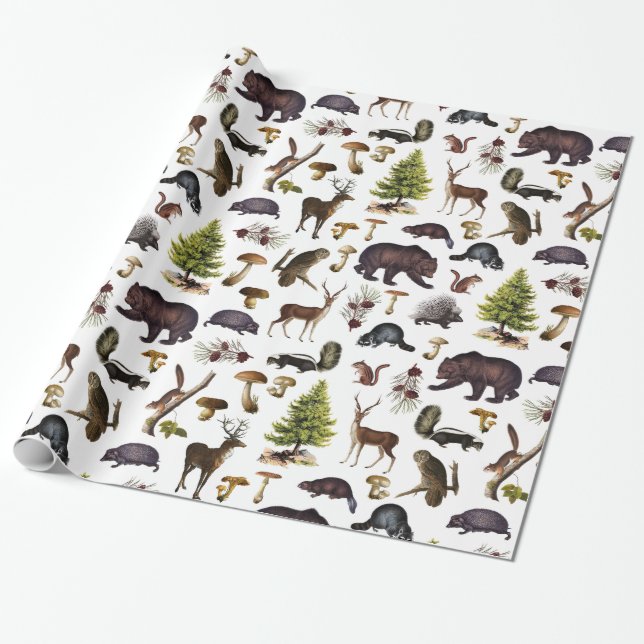 Regalo Papel envuelto para animales de bosque de época (Desenrollado)