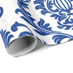 Regalo Papel estampado de damasco azul y blanco