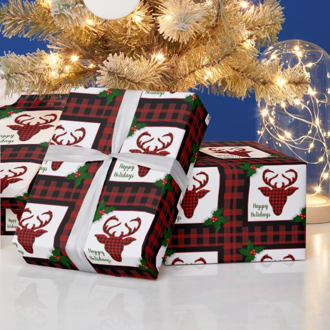 Regalo Papel Navideño Cabeza de Ciervo con Cuadros Rústic (Vacaciones)