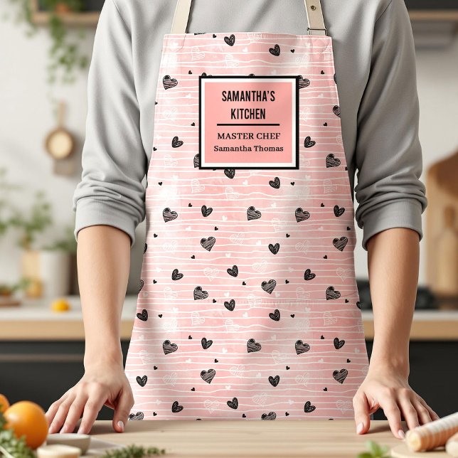 Regalo para ella Delantal de San Valentín con cora (Gift for Her Pink Black Heart Love Apron)