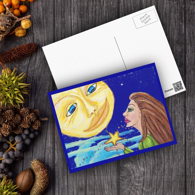 Regalo para la postal lunar (Lady giving a yellow star to full moon with smiling face in night sky with clouds on postcard.)