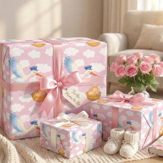 Regalo Parto de cigüeñas Bebé Chica Envolver Papel Rosa