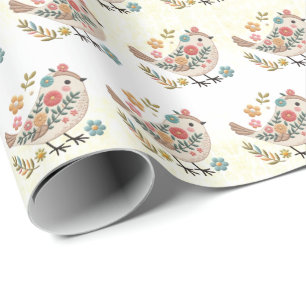 Regalo Pequeño pájaro deja flores papel de envolver rosad