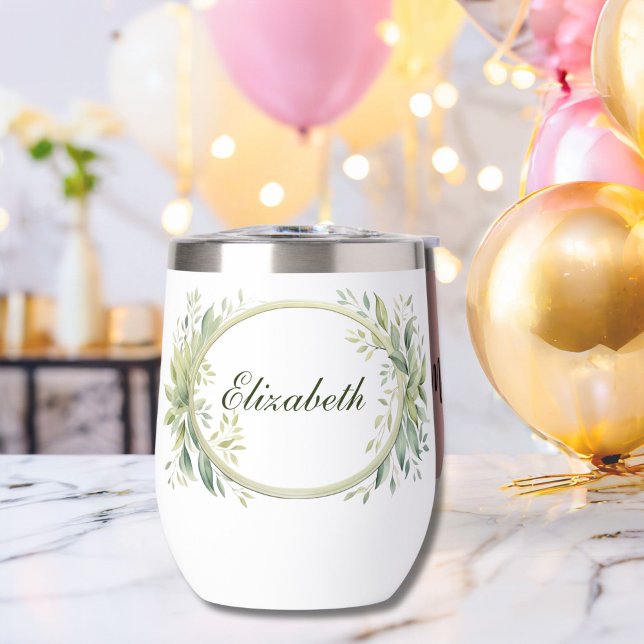 Regalo personalizado de la dama de honor de Monogr (Greenery Botanical Eucalyptus Monogrammed Personalized Bridesmaid gift wine tumbler)