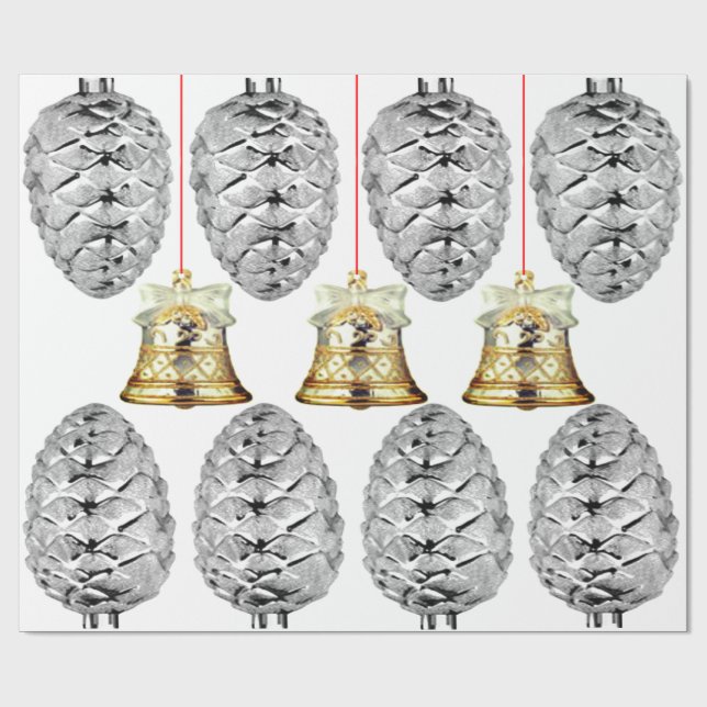 Regalo Pineconas plateadas y papel de envolver las campan (Superficie plana)