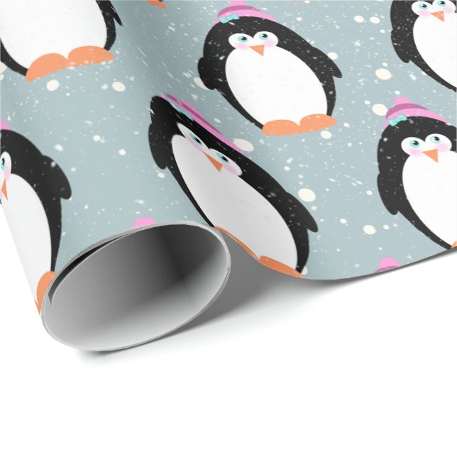 Regalo Pingüinos navidades en papel envuelto con copos de (Esquina del rollo)
