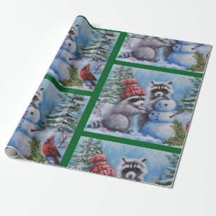 Regalo Raccoons snowman y papel de envolvimiento cardinal
