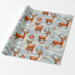 Regalo Retro Vintage Christmas Reindeer 3 Papel de ajuste<br><div class="desc">Este patrón presenta un grupo de renos alegres que se frotan en un paisaje nevado, ambientado en un fondo claro y azul cielo. Los adornos rojos y plateados cuelgan en medio de grandes copos blancos de nieve, realzando el tema del maravilloso paisaje invernal. Los renos son ilustrados con una calidad...</div>