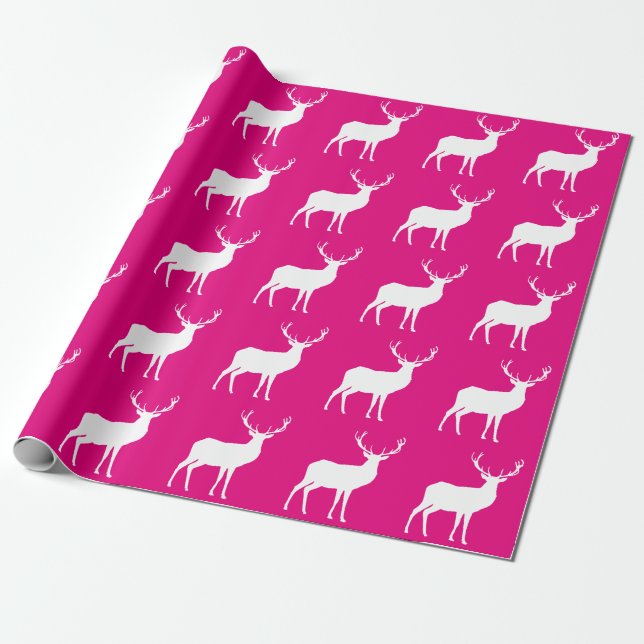 Regalo Venado blanco sobre papel de envolver rosado (Desenrollado)
