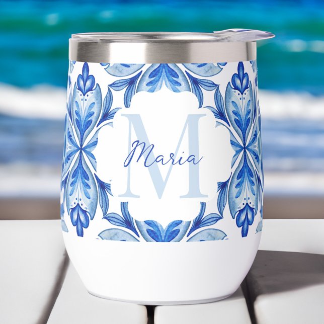 Regalos de dama de honor Italiano Baldosas azules  (Bridesmaid gifts Italian Blue and white Majolica tiles personalized monogram Thermal Wine Tumbler)