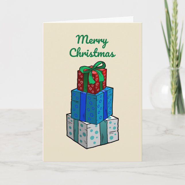 Regalos de Navidad en una tarjeta de Navidades (Anverso)