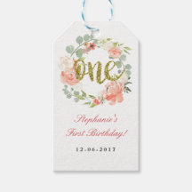 Etiquetas de flor de oro rosado para el primer cum
